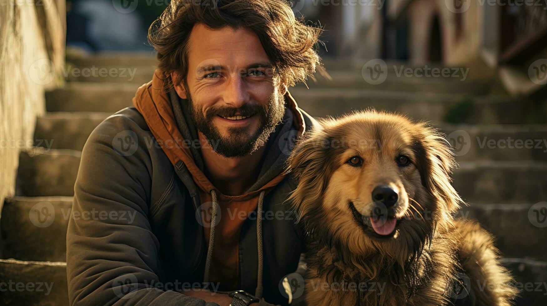 ai generado alegre hombre poses con su perro en el pasos de el ciudad. generativo ai foto