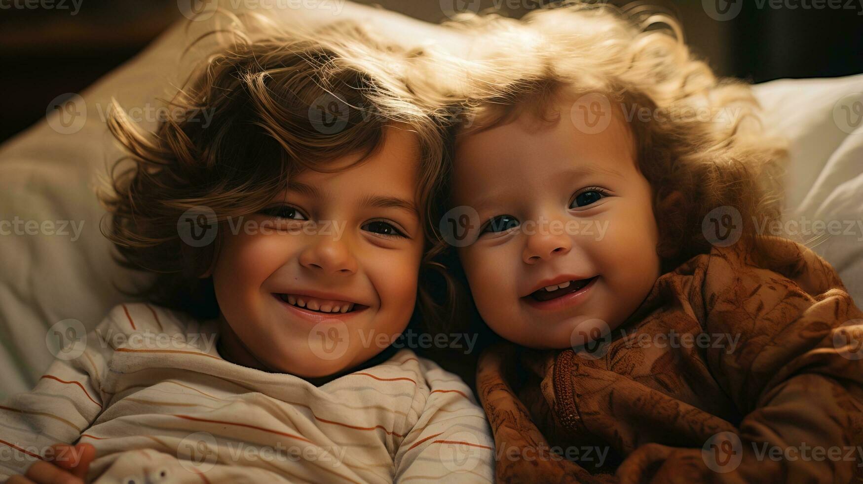 ai generado alegre pequeño chico cariñosamente abraza su recién nacido hermano en un cómodo cama ambiente. generativo ai foto