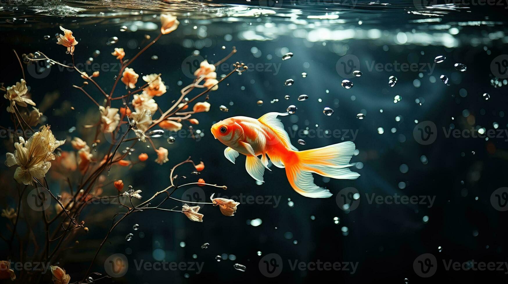 AI generated Goldfish swims gracefully among undersea plants in calm waters. Generative AI photo