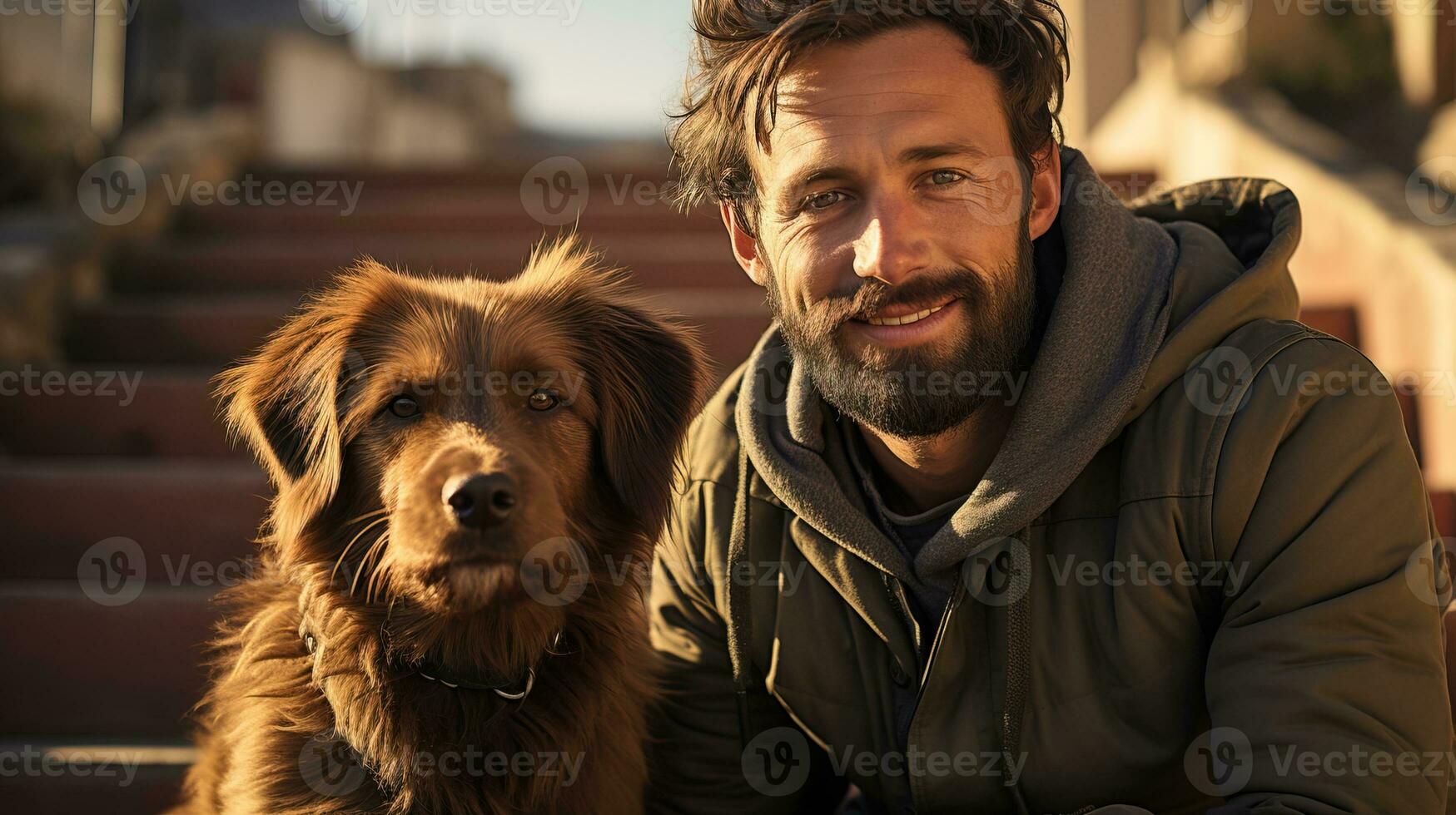 AI generated Cheerful man poses with his dog on the steps of the city. Generative AI photo