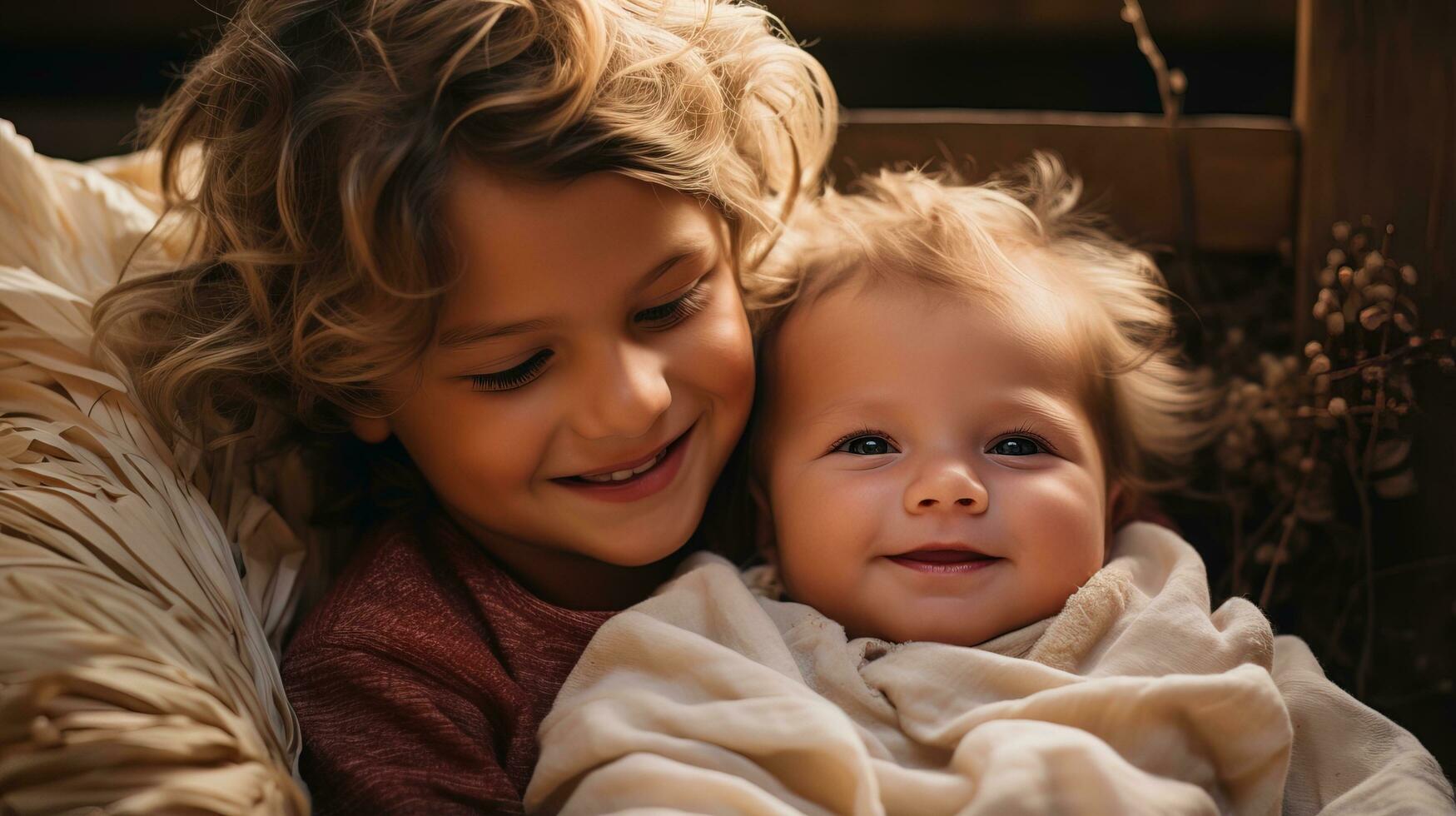 ai generado alegre pequeño chico cariñosamente abraza su recién nacido hermano en un cómodo cama ambiente. generativo ai foto