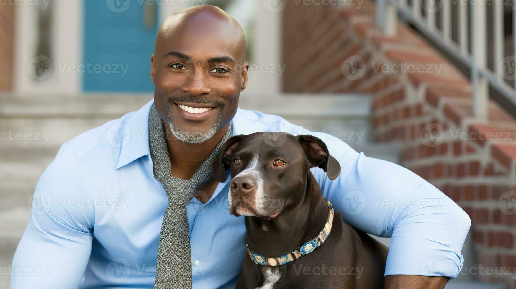AI generated Cheerful man poses with his dog on the steps of the city. Generative AI photo
