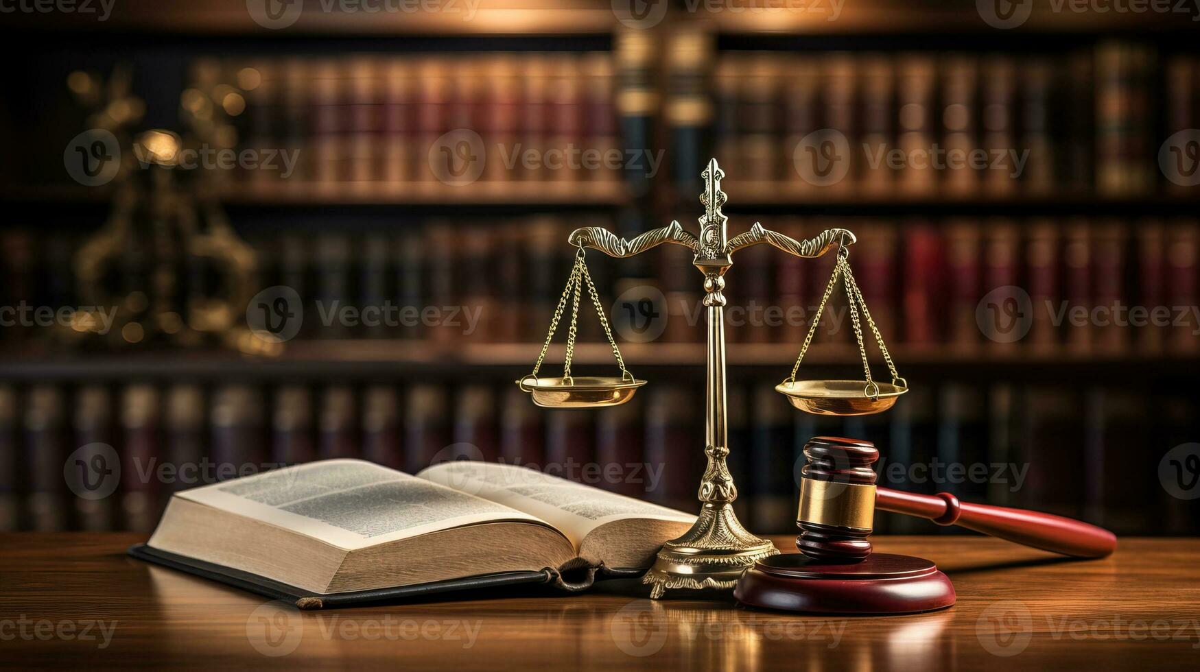 AI generated Law books, gavel and scales symbolizing justice on a table. Generative AI photo