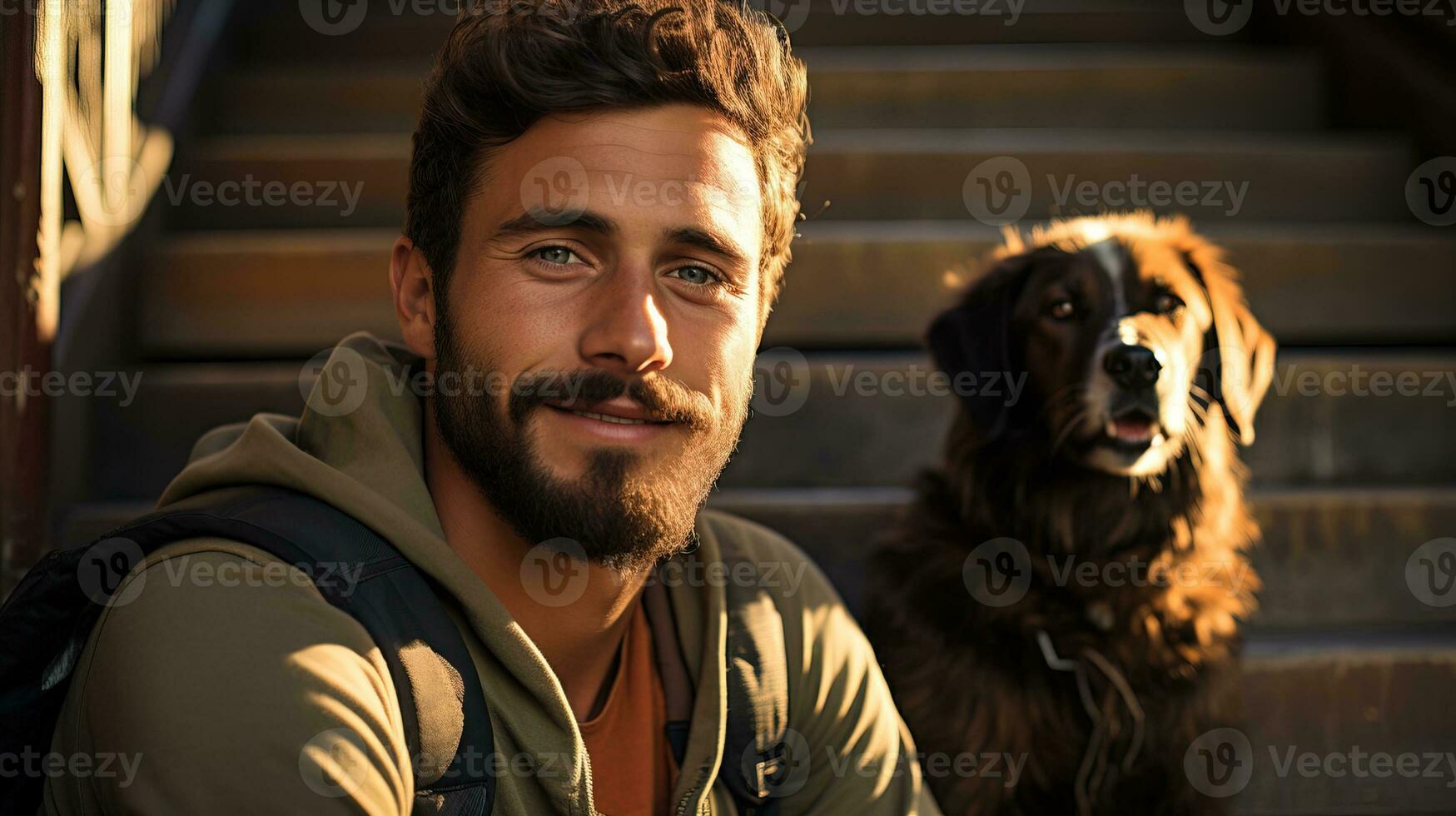 AI generated Cheerful man poses with his dog on the steps of the city. Generative AI photo