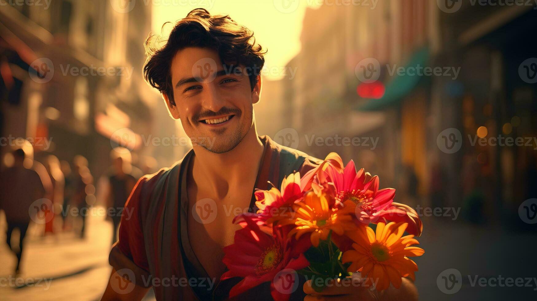 ai generado joven hombre comprando ramo de flores desde florista para alguien especial. generativo ai foto