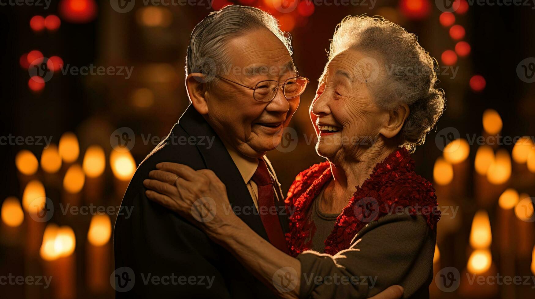 AI generated Elderly couples enjoy the night dancing in a lively community center. Generative AI photo