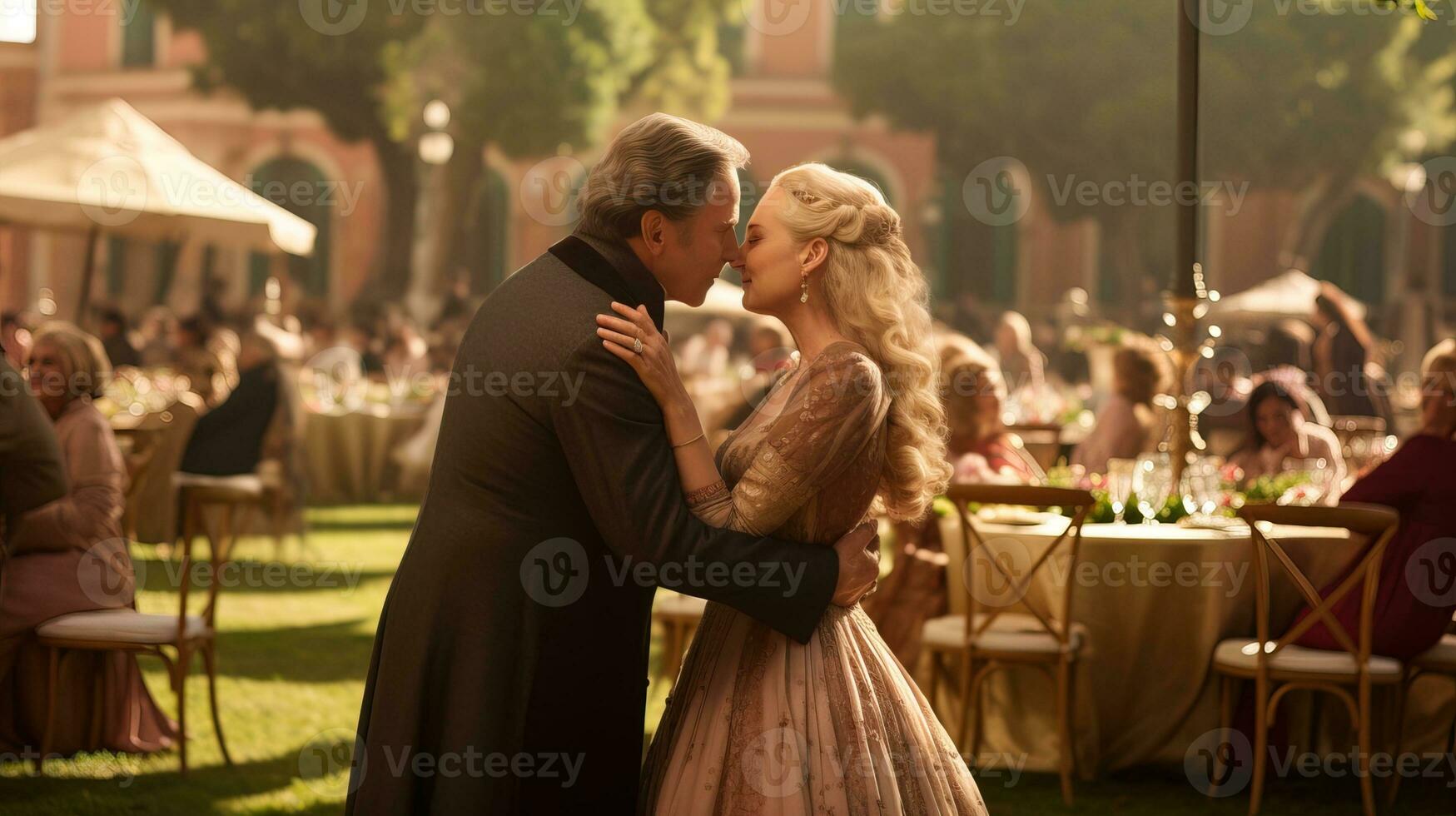 AI generated Elderly couple in elegant attire, sharing a heartfelt kiss in a lush garden setting. Generative AI photo