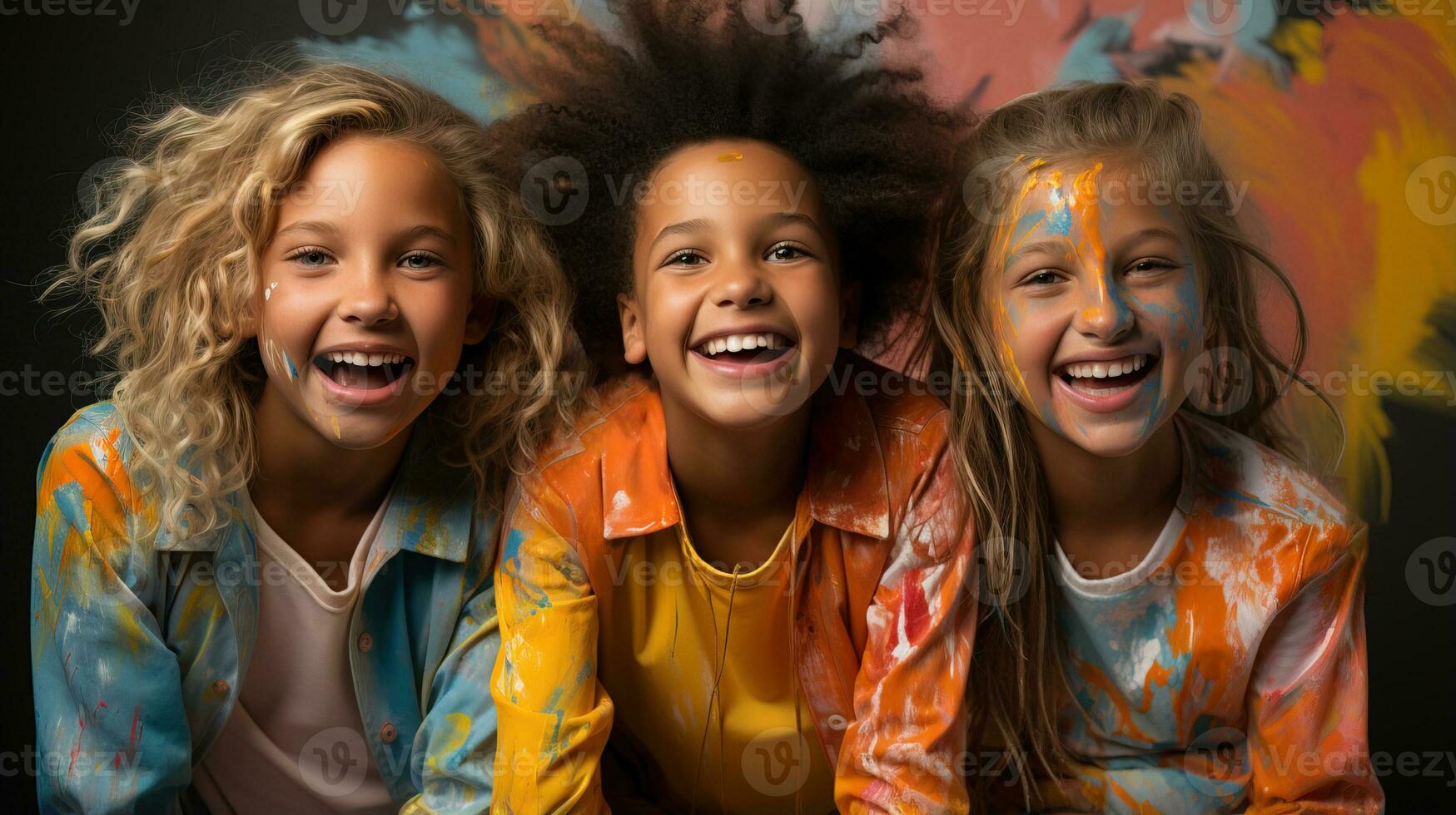 AI generated Excited children show off their painted faces and shirts, smiling proudly. Generative AI photo