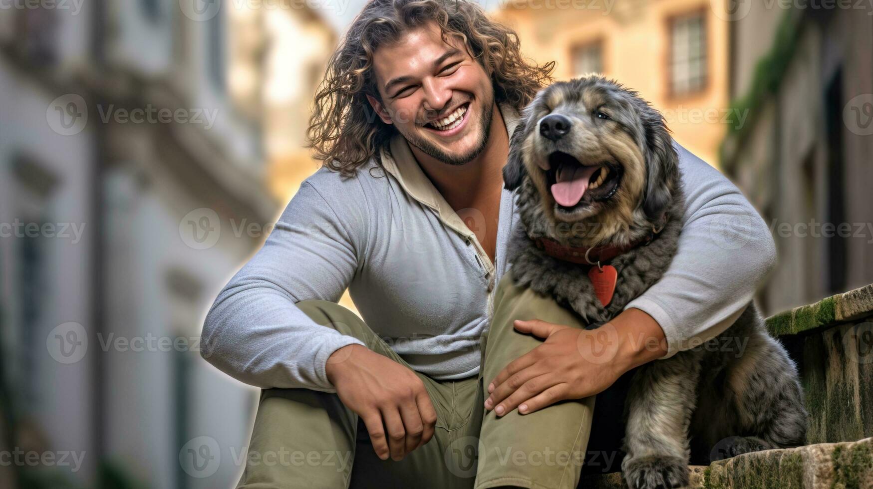 AI generated Cheerful man poses with his dog on the steps of the city. Generative AI photo