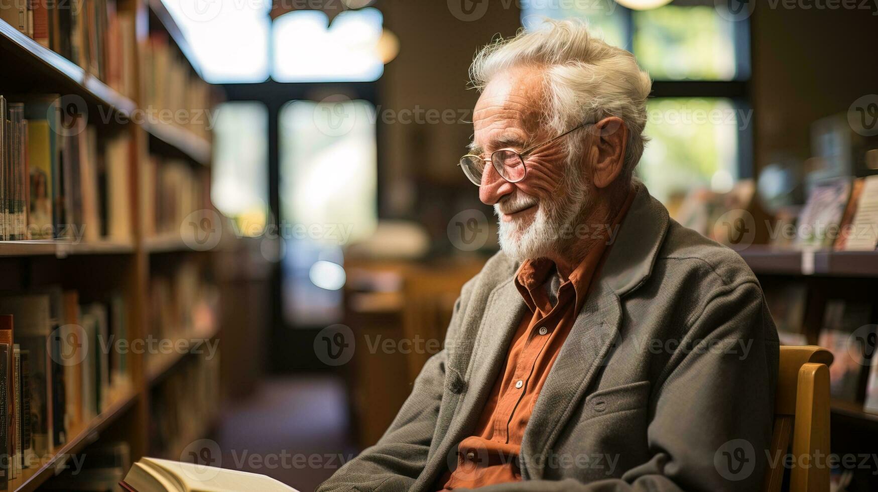 AI generated A retired man in the library is reading a book intently in a quiet corner. Generative AI photo