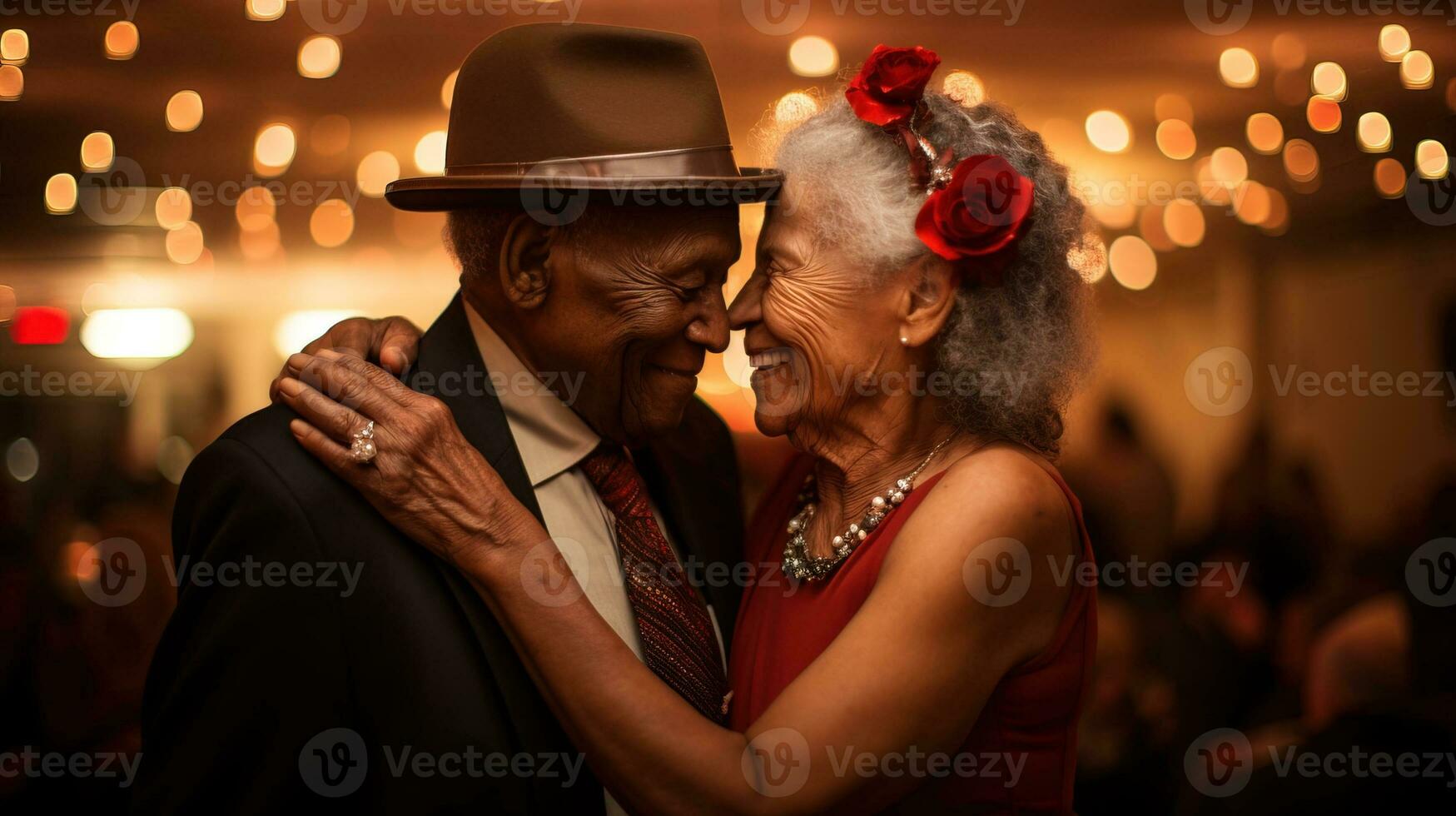 AI generated Elderly couples enjoy the night dancing in a lively community center. Generative AI photo