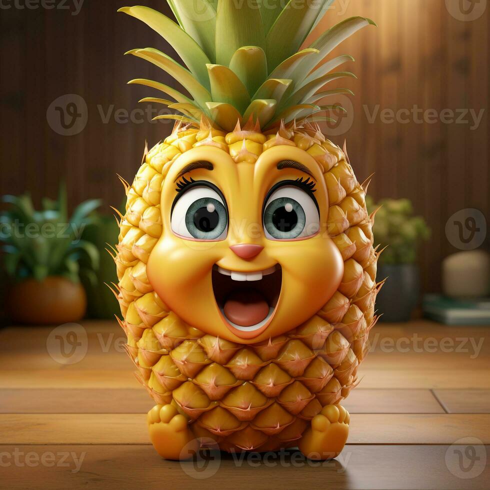 ai generado 3d realista dibujos animados linda piña Fruta foto