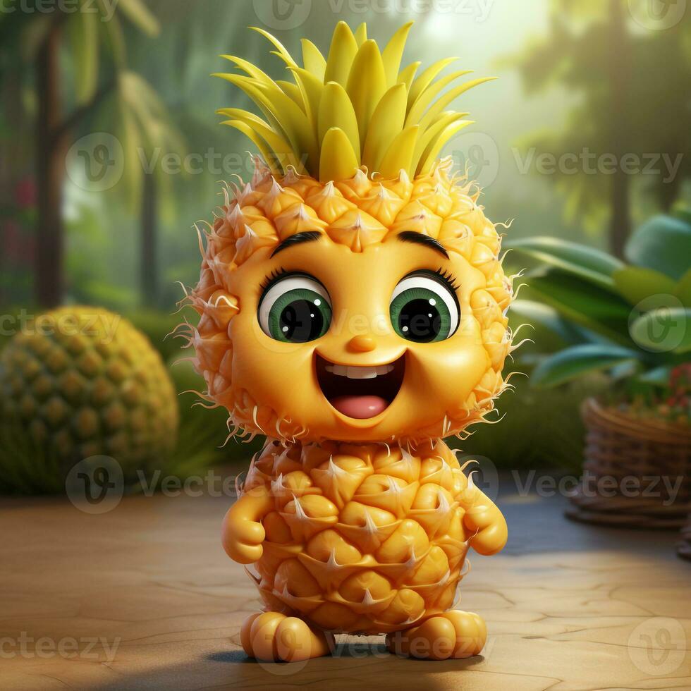 ai generado 3d realista dibujos animados linda piña Fruta foto