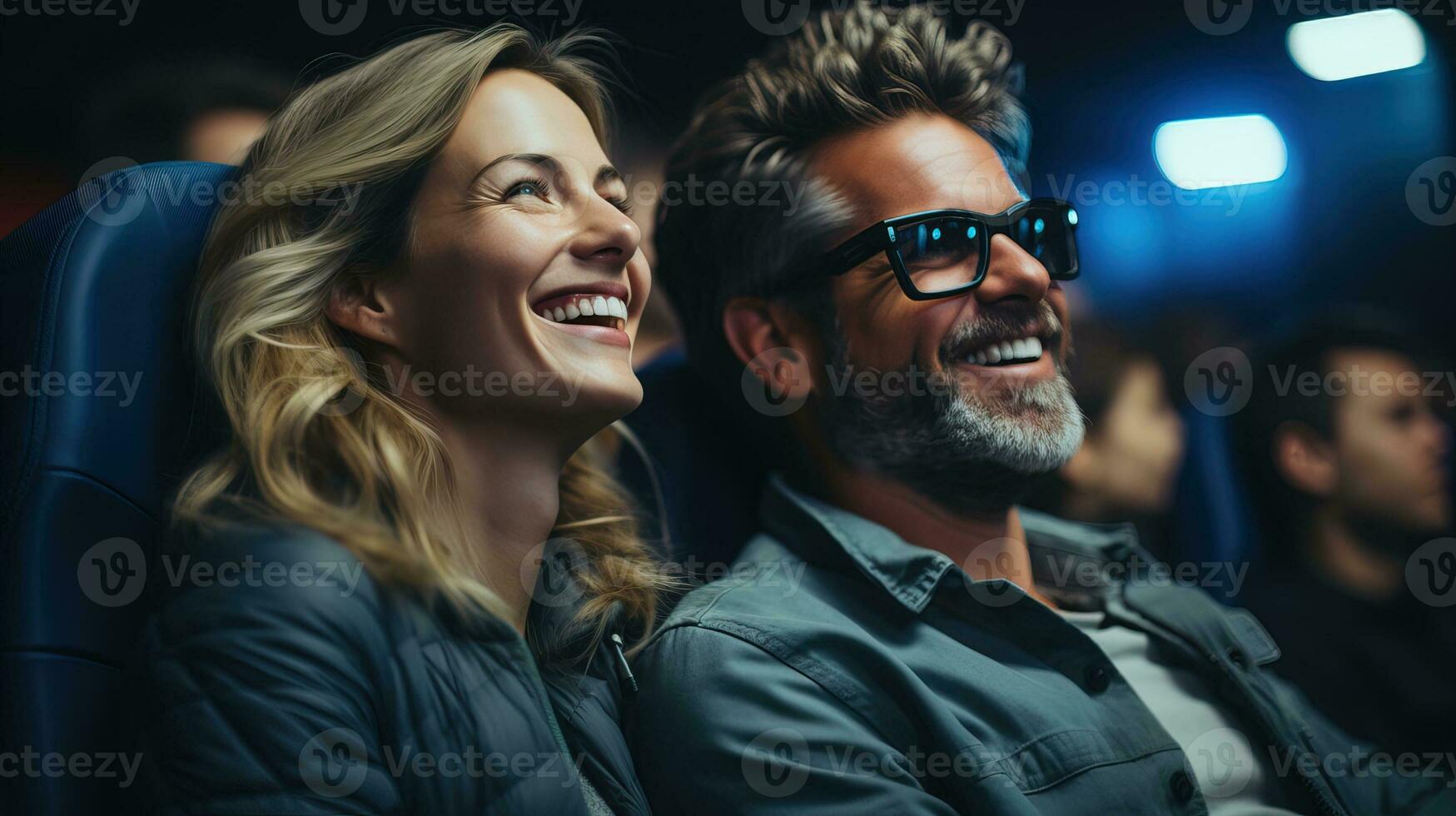 AI generated Cheerful couple having a nice day in the movie theater. Generative AI photo