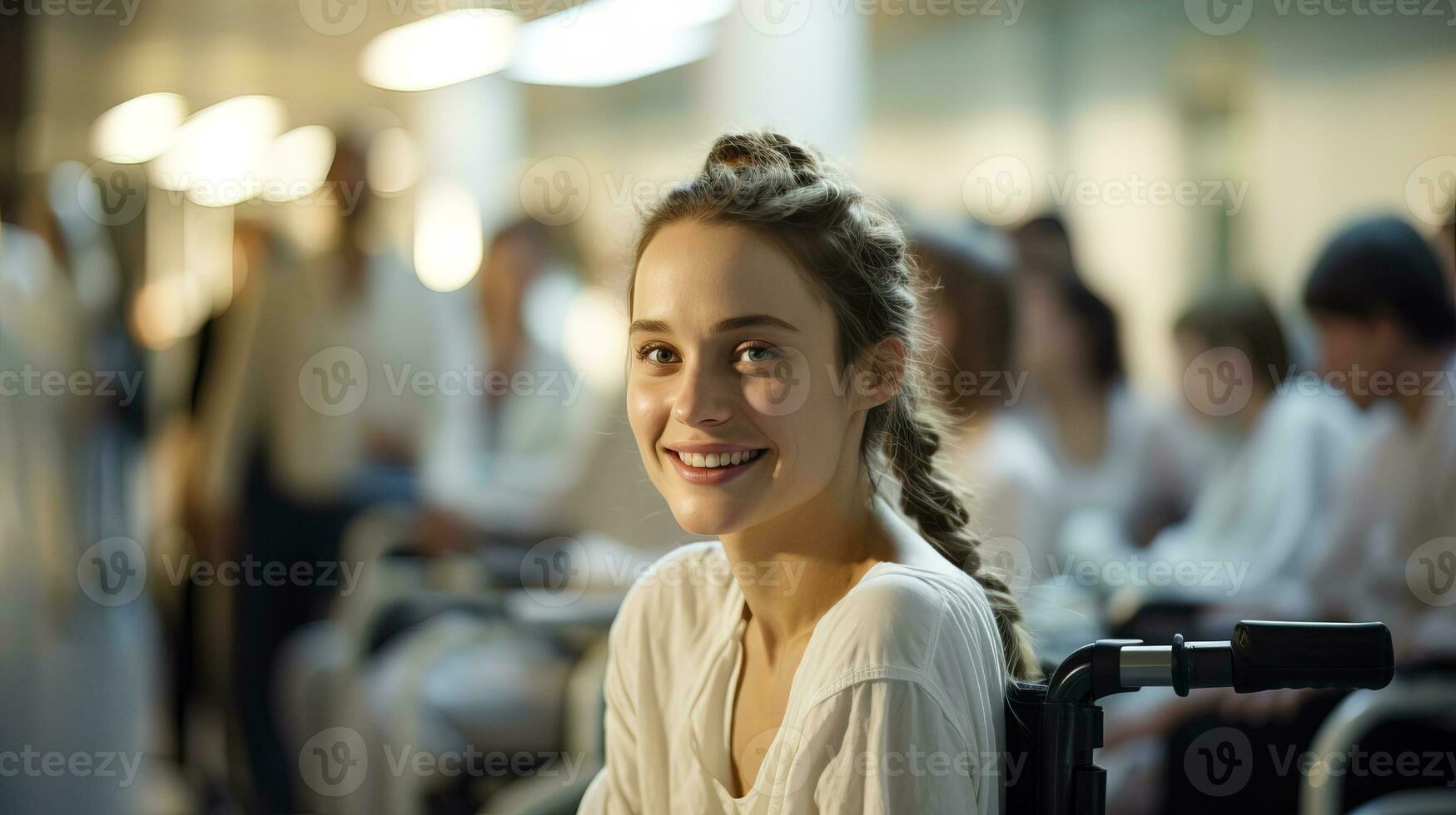 ai generado joven mujer en silla de ruedas en hospital. generativo ai foto