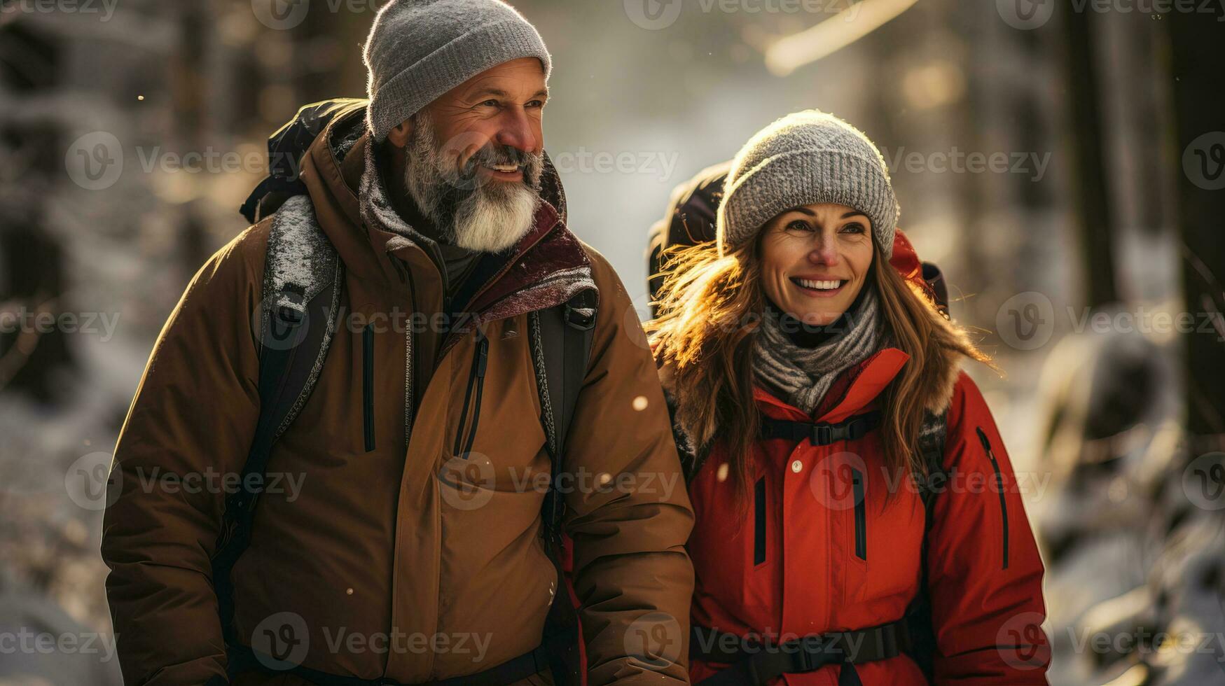 AI generated Elderly couple taking a winter walk in a quiet snowy forest. Generative AI photo