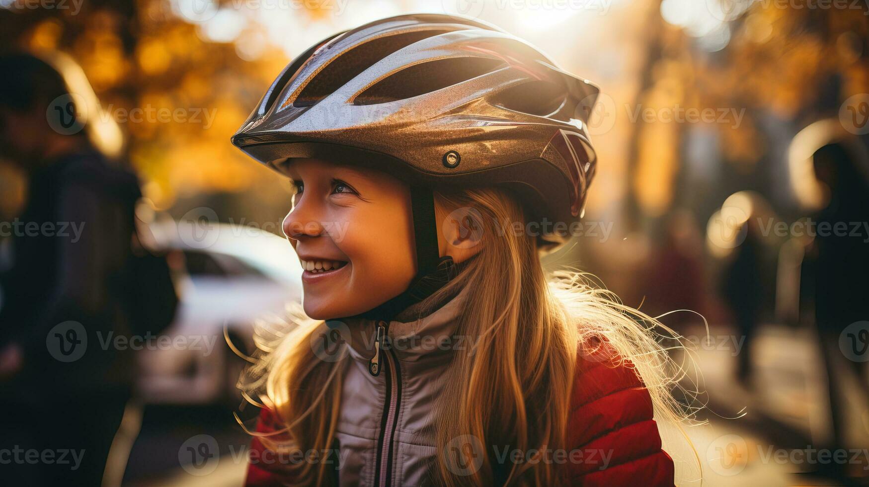 AI generated A young girl wearing a helmet for cycling. Generative AI photo