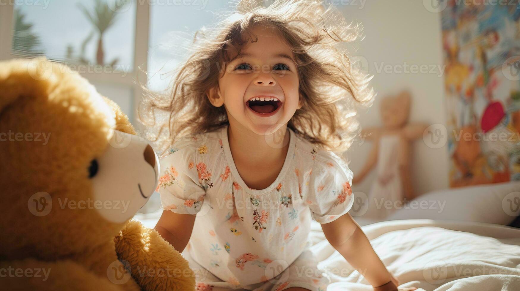 ai generado contento pequeño niña saltos en su cama siguiente a su osito de peluche oso. generativo ai foto