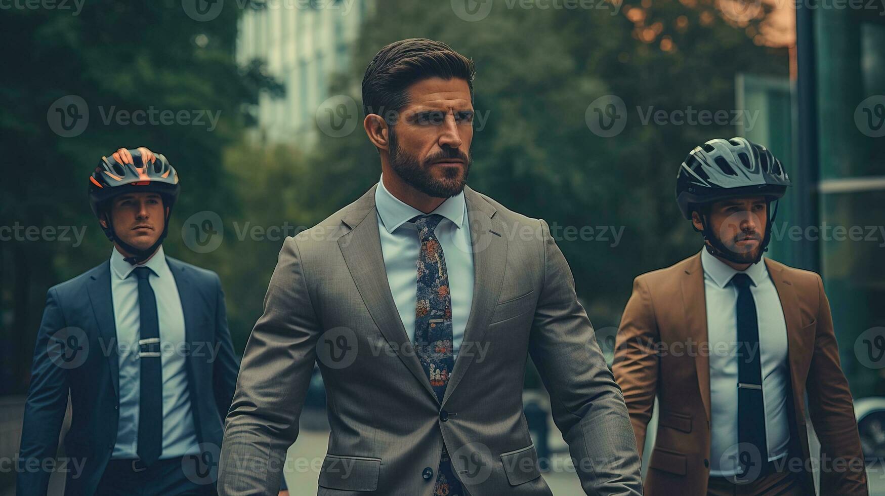 AI generated A businessman in a helmet walks to his bike in front of the office building. Generative AI photo