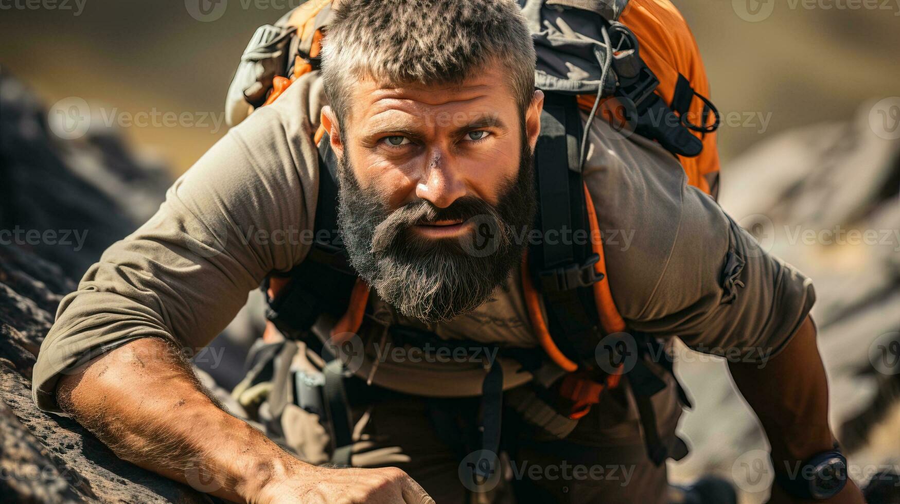 AI generated Adventurous young man climbing the rugged cliffs, embracing the wild spirit. Generative AI photo