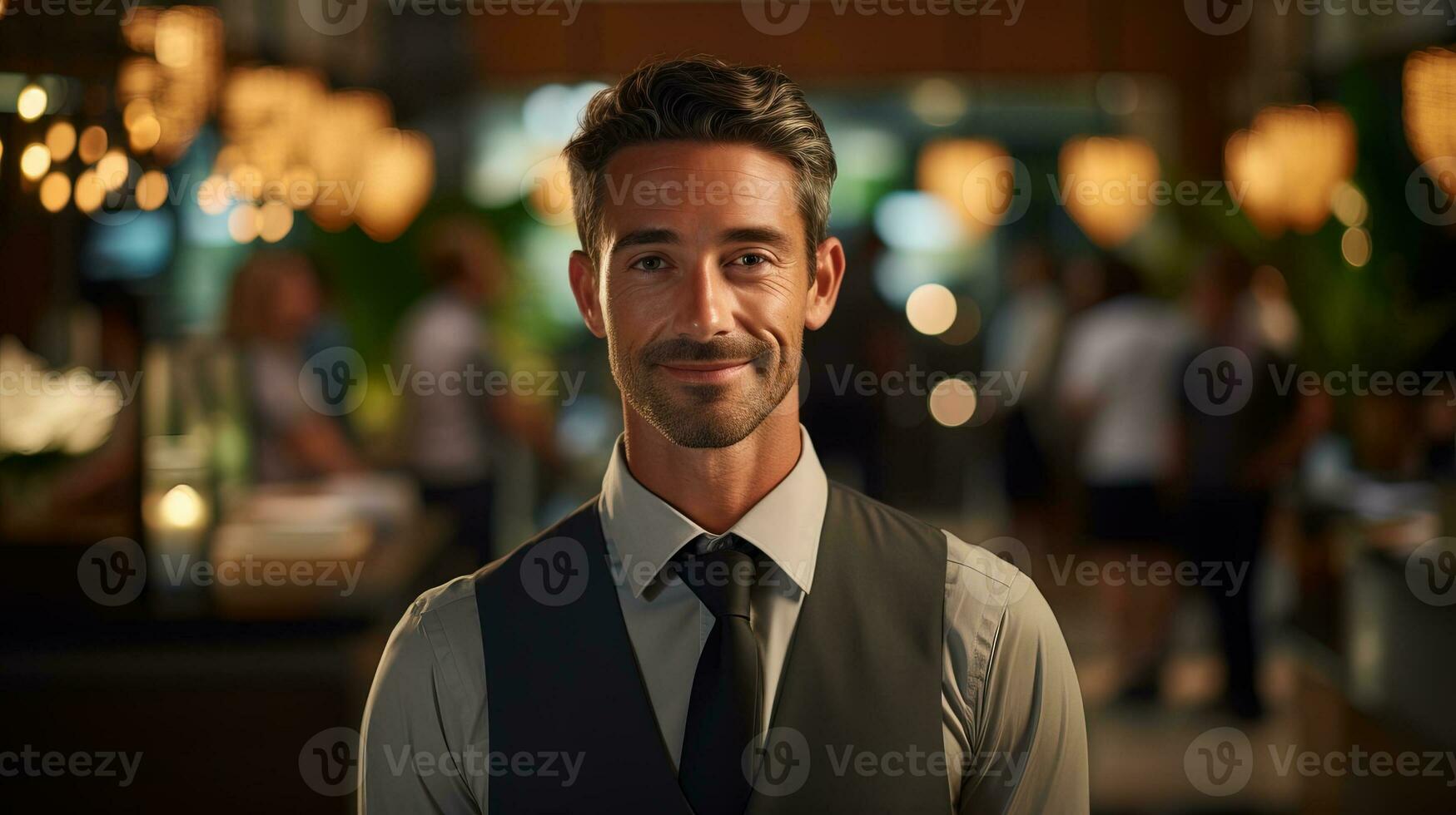 AI generated Cheerful male receptionist greets guests with his smile in the hotel lobby. Generative AI photo
