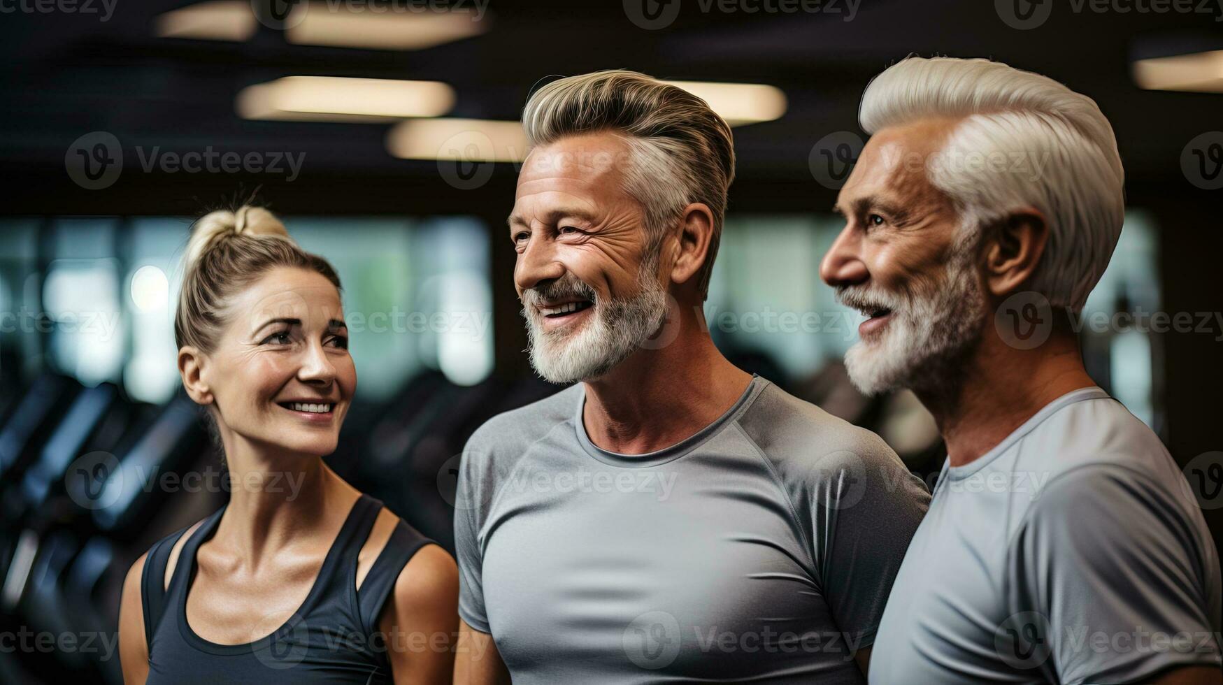 AI generated Content trainer assisting active elderly couple at the gym. Generative AI photo