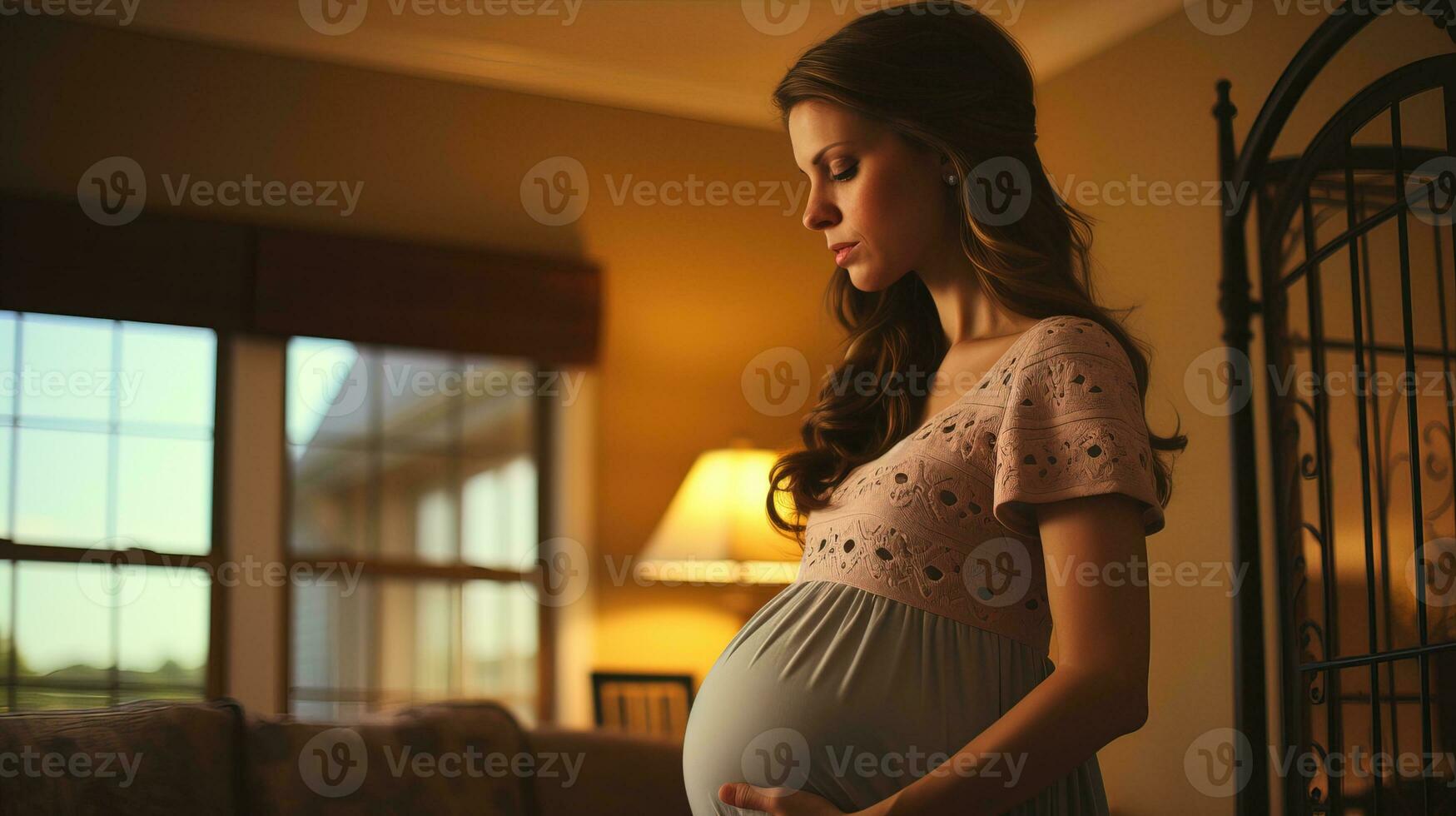 AI generated Pregnant woman exercising gently in her living room. Generative AI photo