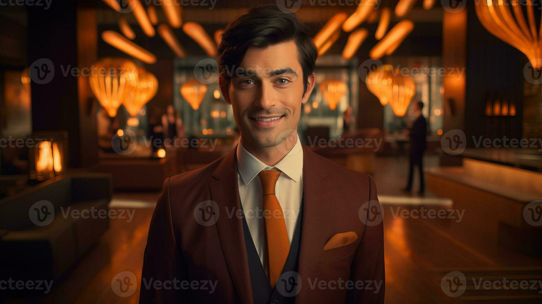 AI generated Cheerful male receptionist greets guests with his smile in the hotel lobby. Generative AI photo