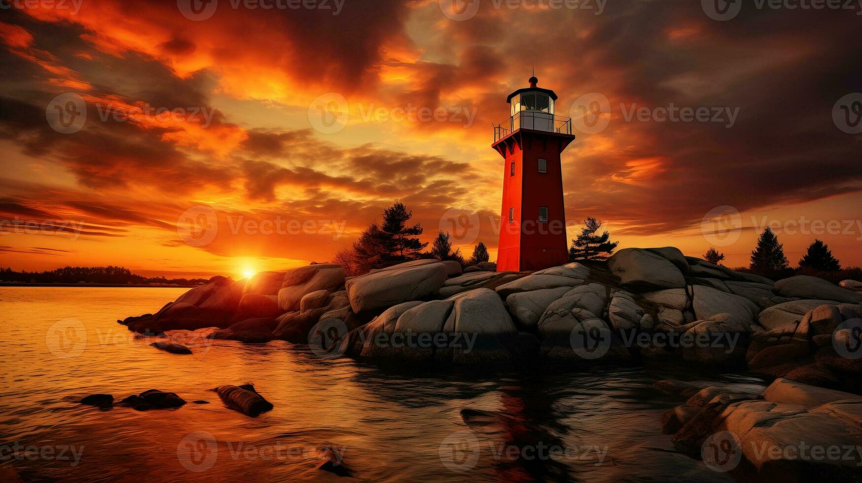 AI generated Coastal lighthouse on rugged cliffs at sunset. Generative AI photo