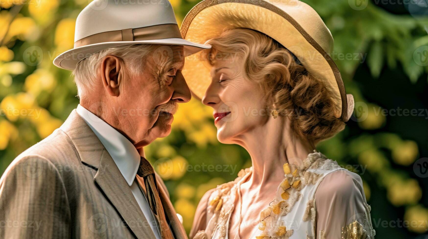 AI generated Elderly couple in elegant attire, sharing a heartfelt kiss in a lush garden setting. Generative AI photo
