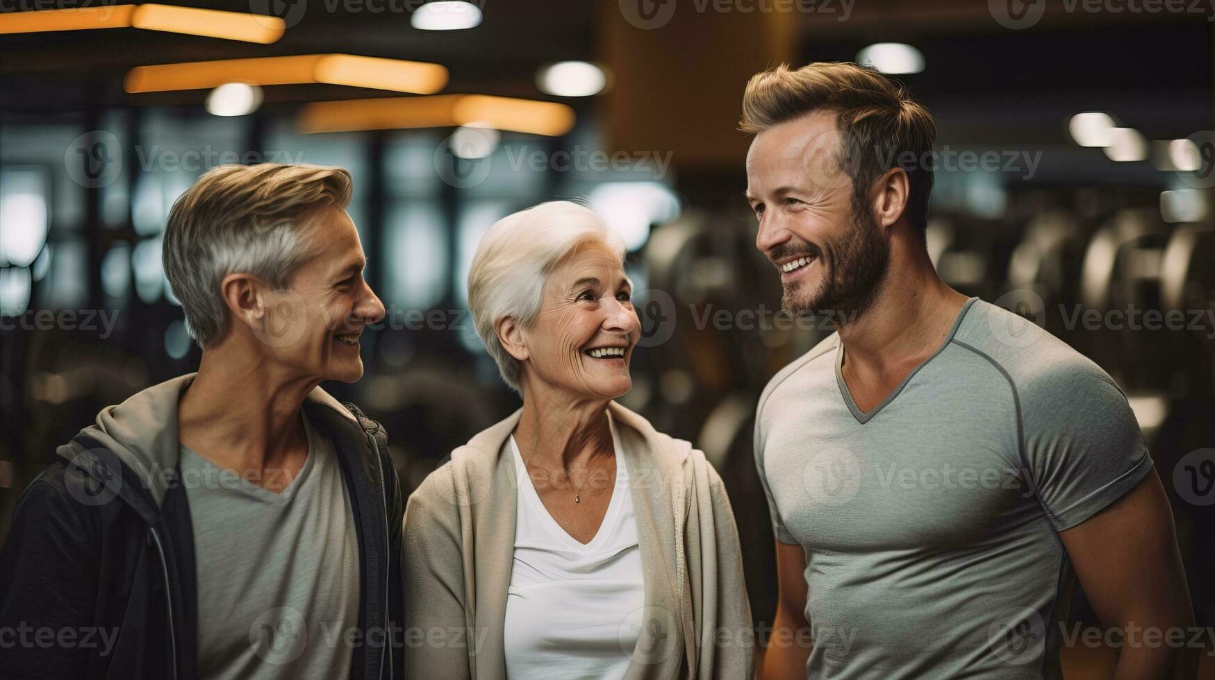 AI generated Content trainer assisting active elderly couple at the gym. Generative AI photo