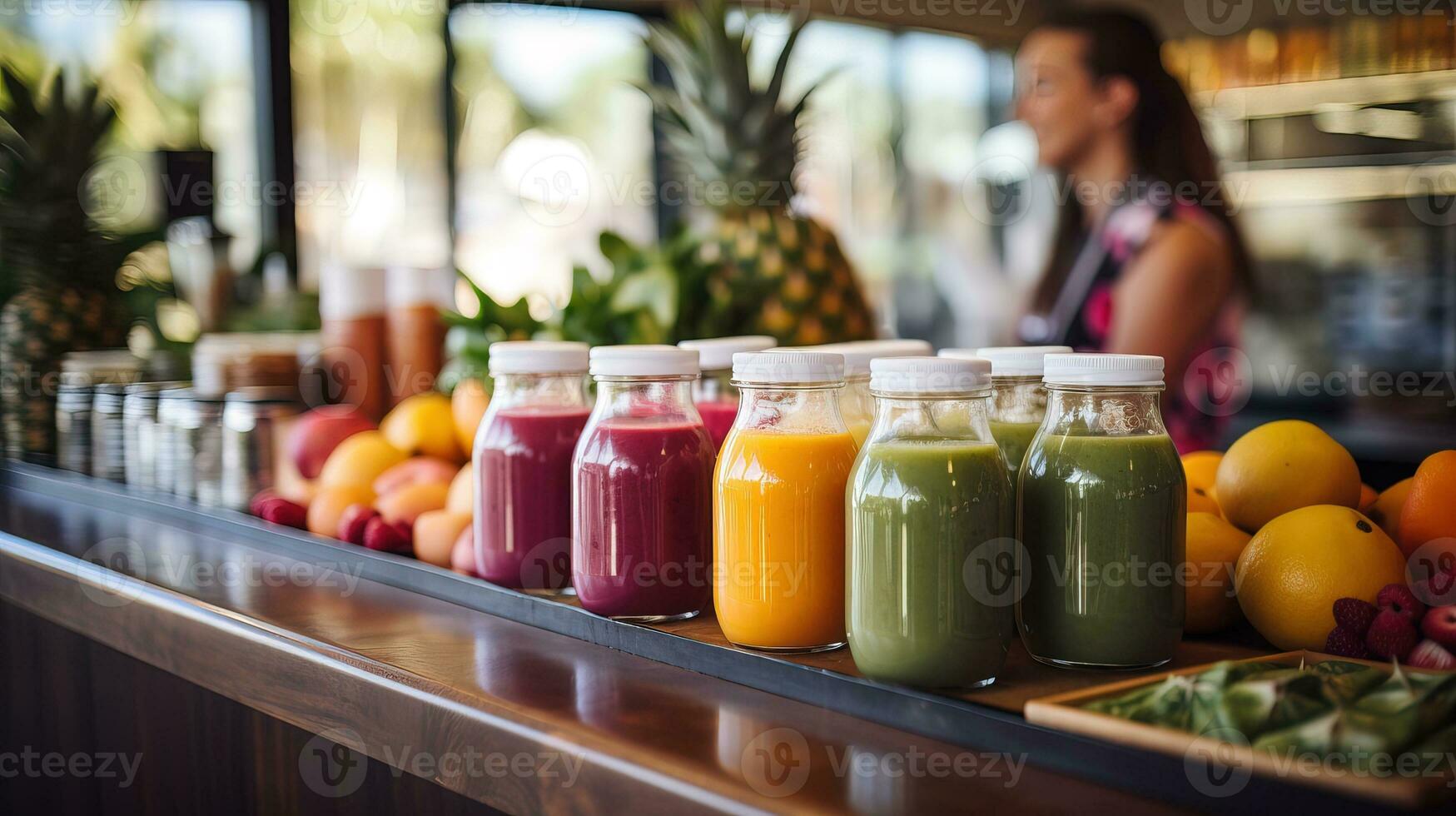 AI generated Modern organic juice bar with different juice bottles. Generative AI photo