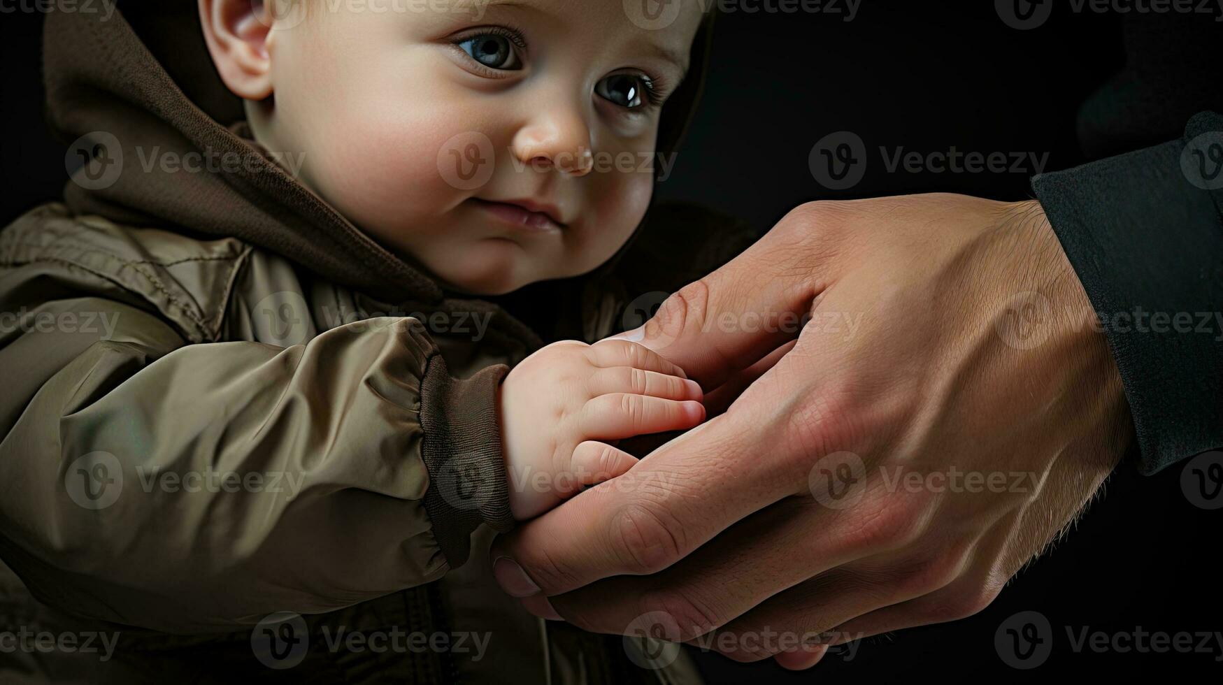 ai generado de cerca ver de un del padre mano suavemente participación su pequeño hijos minúsculo dedo. generativo ai foto