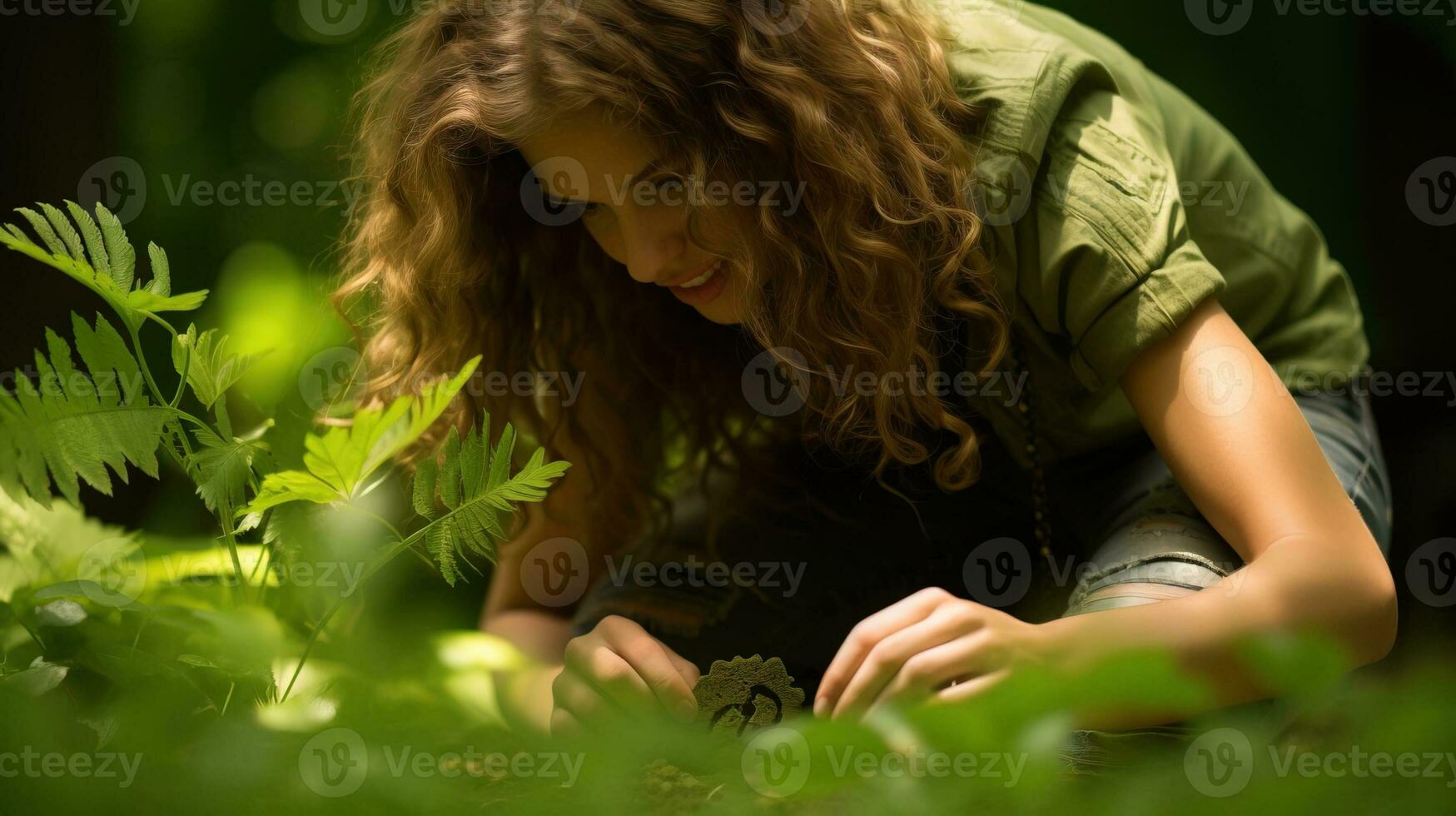 ai generado un curioso adolescente explora un antiguo bosque y destapa cuentos de el pasado. generativo ai foto