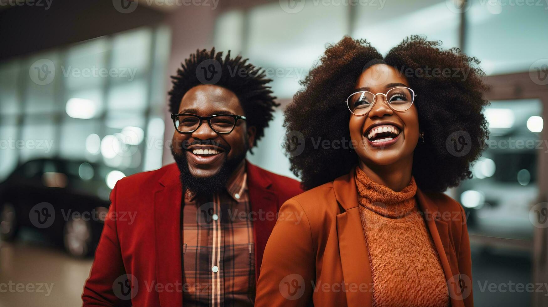 AI generated Young couple excitedly choosing their first car in a car dealership. Generative AI photo