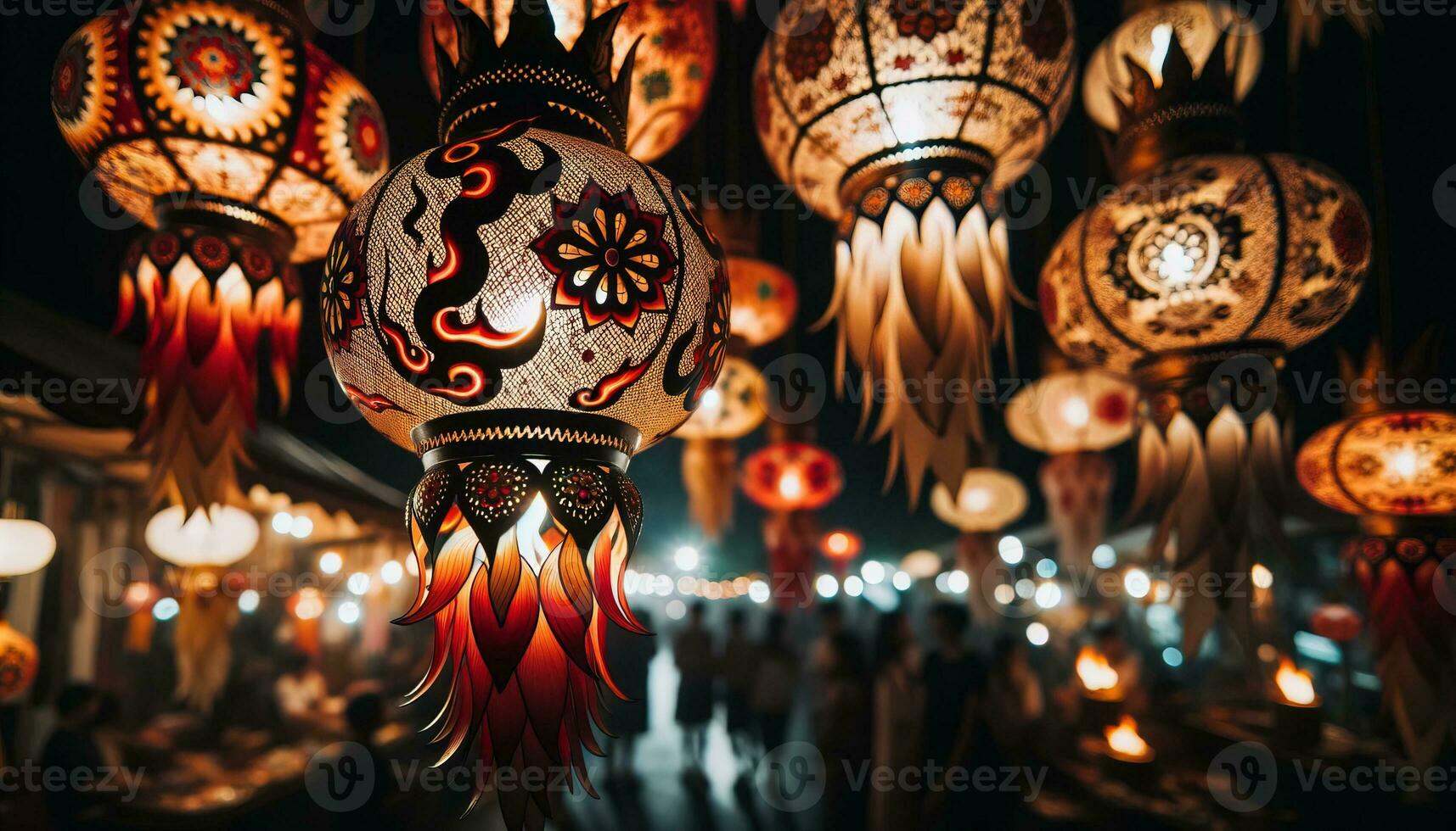 AI generated A close-up shot of a row of lanterns, their intricate designs and vibrant colors captured in sharp detail. Generative AI photo