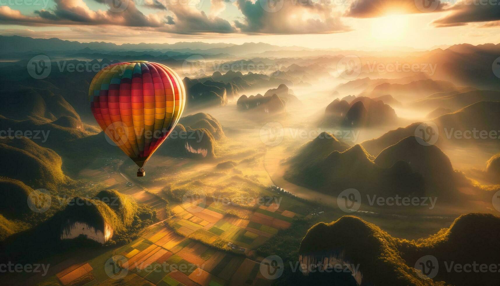 AI generated A hot air balloon floating in the sky among natural beauties. Generative AI photo