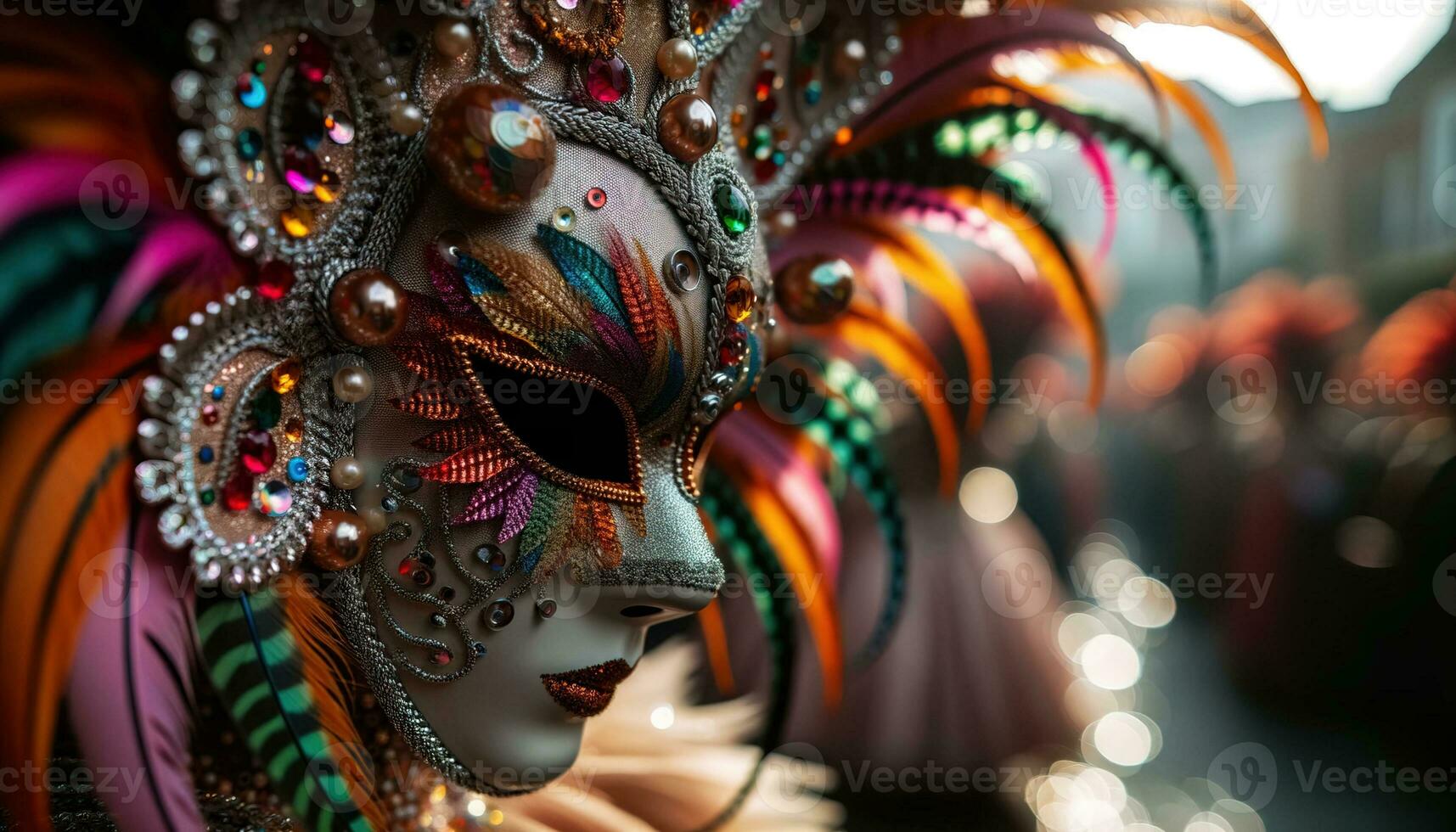 AI generated Close-up masked performers at a live carnival ceremony. Generative AI photo