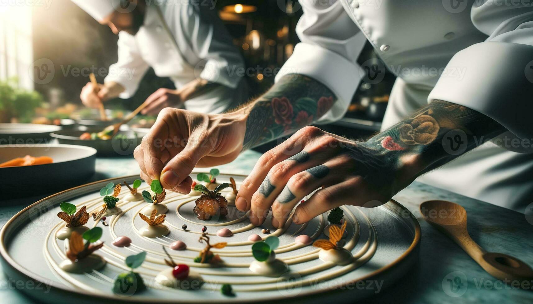 AI generated A chef delicately decorates his plate. Generative AI photo