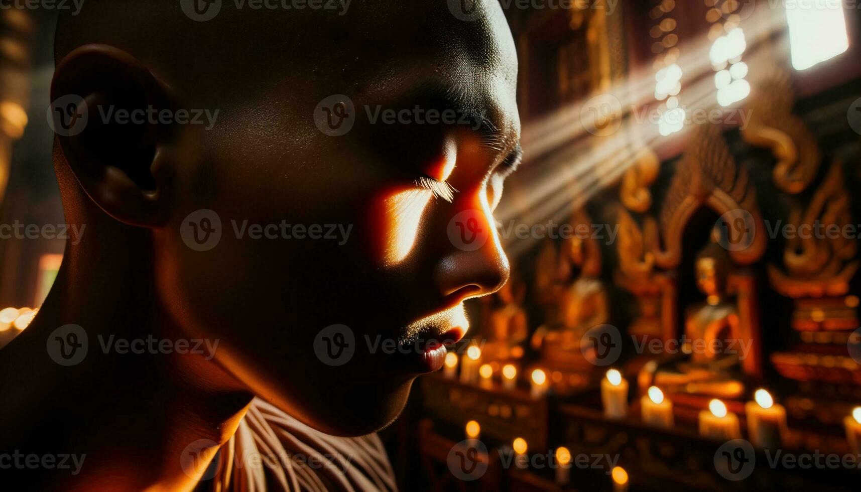 AI generated Monks meditating deeply in a temple. Generative AI photo