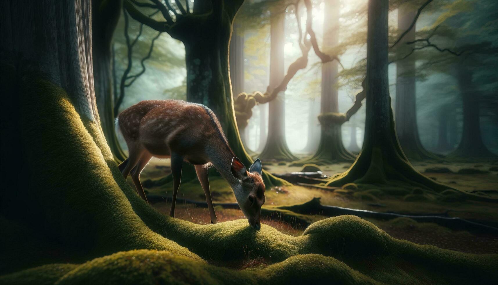 AI generated A deer grazing alone among tall, moss-covered trees in a forest. Generative AI photo