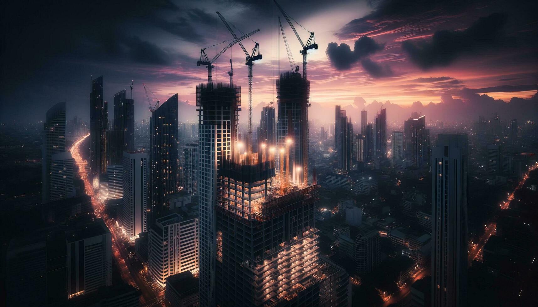 ai generado rascacielos en el medio de construcción en el crepúsculo cielo. generativo ai foto