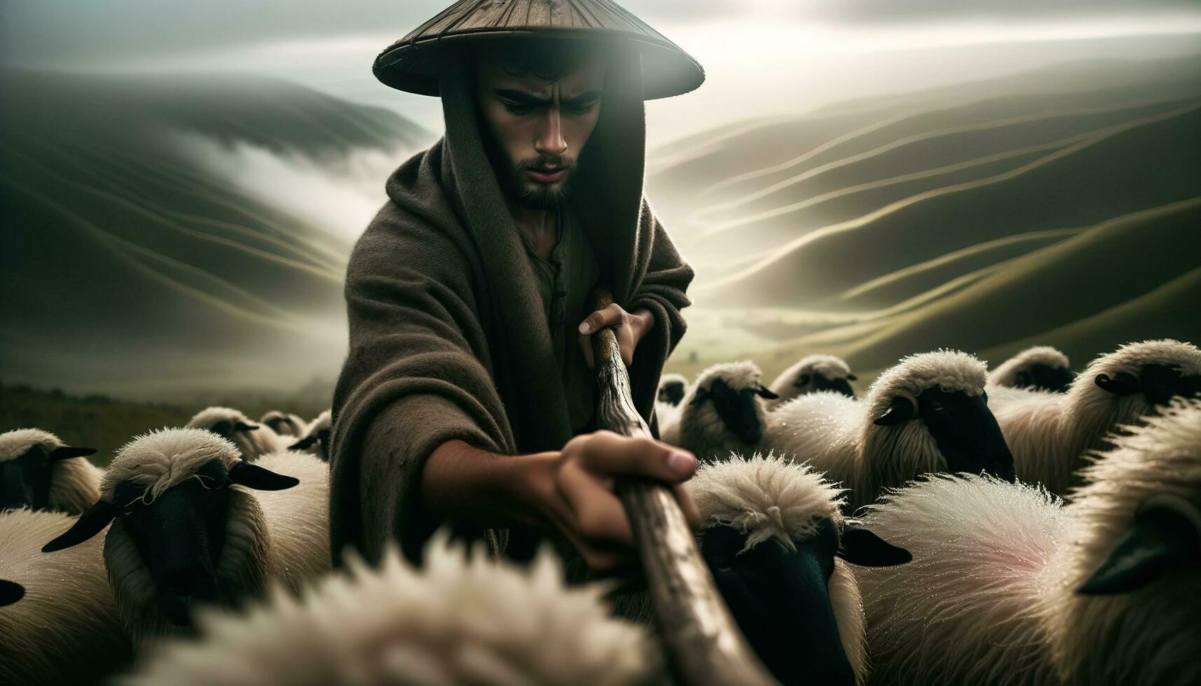 AI generated A shepherd herding sheep in the middle of the hills. Generative AI photo