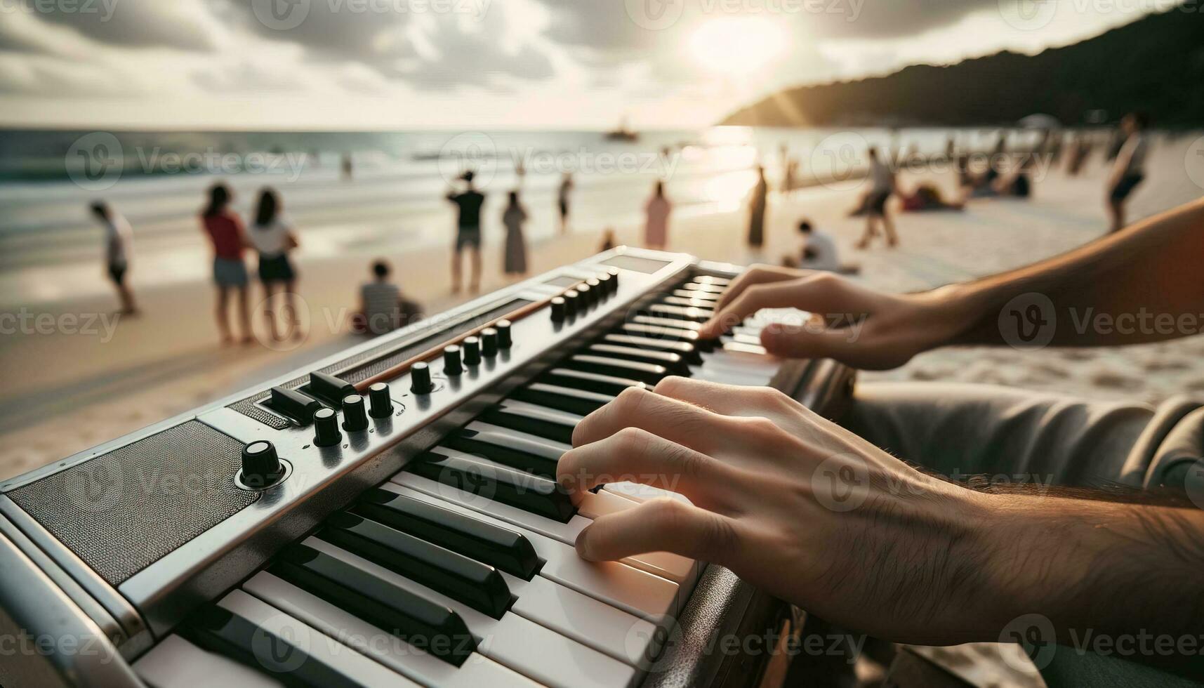 AI generated Musician playing melodica on the beach. Generative AI photo
