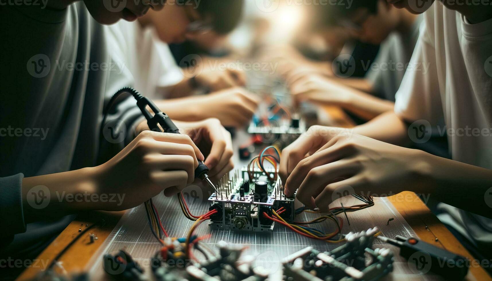 AI generated Students meticulously assemble robotic parts. Generative AI photo