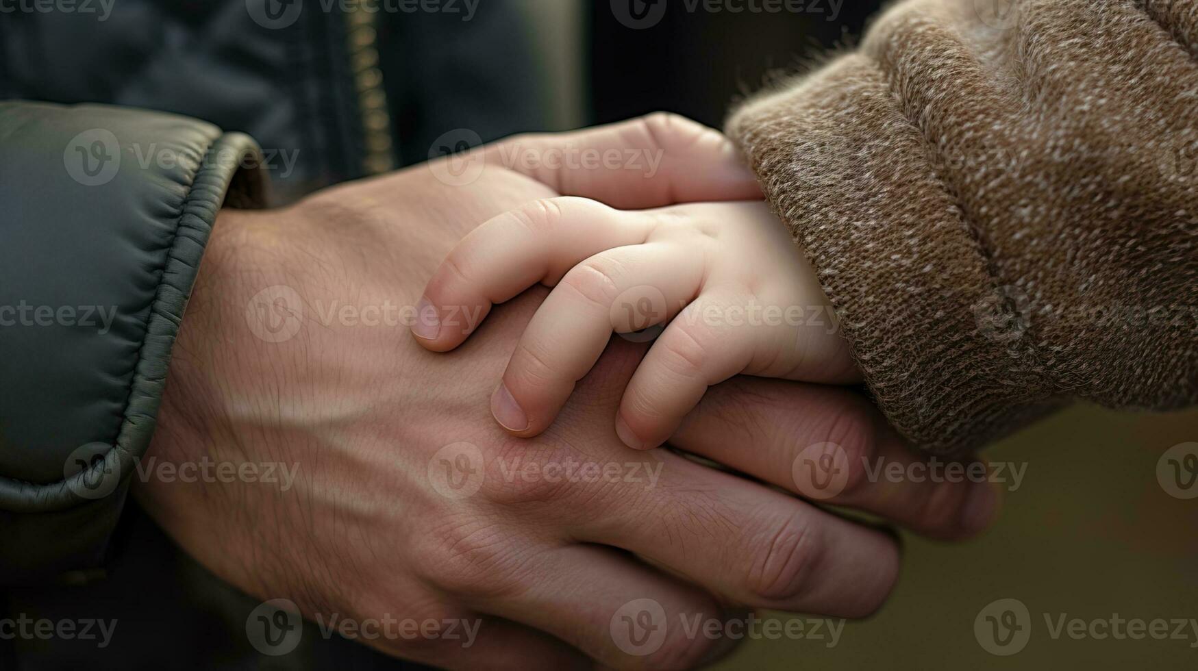 AI generated Close-up view of a father's hand gently holding his little son's tiny finger. Generative AI photo