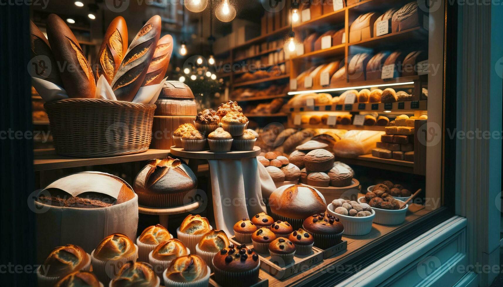 AI generated Freshly baked bread and pastries displayed in a bakery's window. Generative AI photo