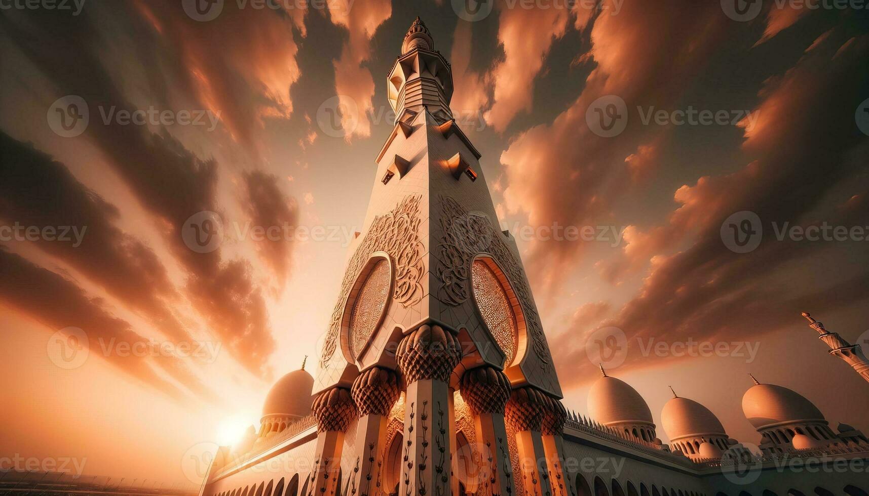 AI generated Image showing intricate details of a mosque's minaret illuminated by the setting sun. Generative AI photo