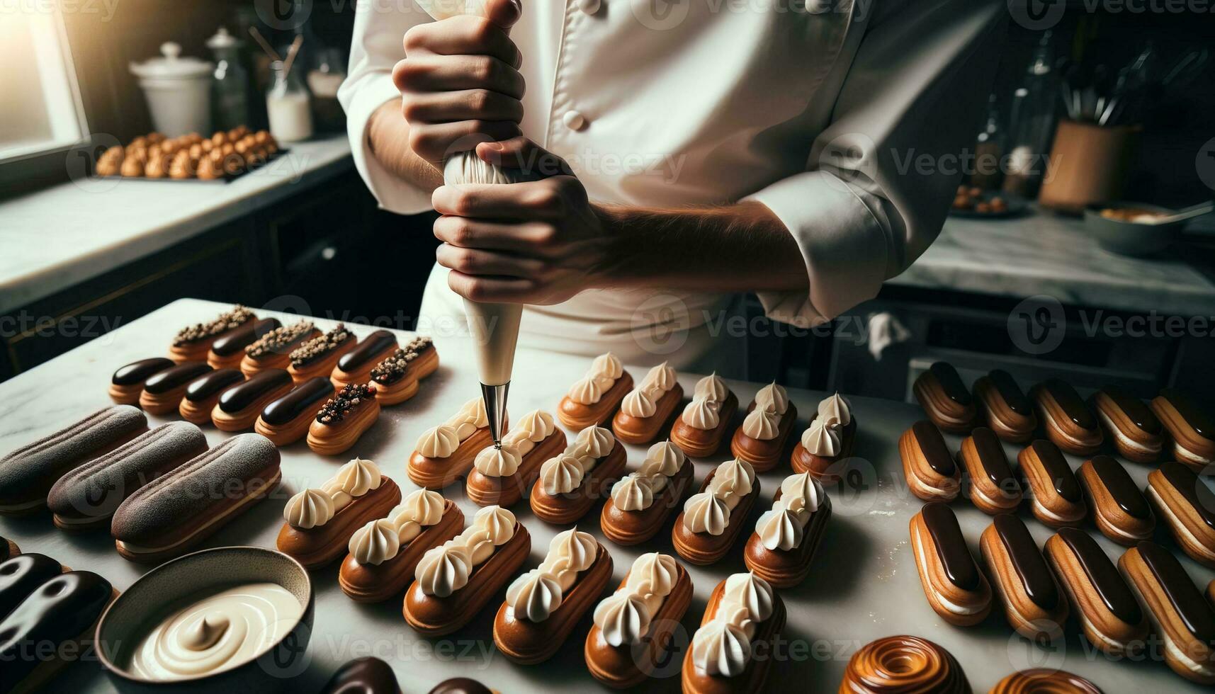 ai generado el Pastelería cocinero expertamente apretones el crema sobre el canutillos en su cocina. generativo ai foto