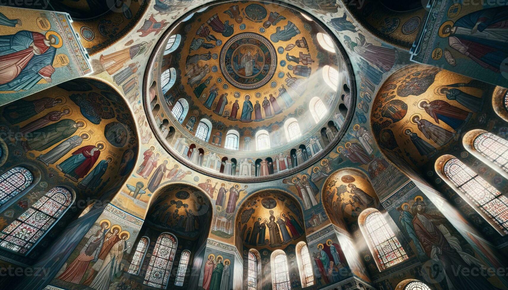 AI generated A historic dome where intricate mosaics depicting various scenes and patterns decorate the ceiling. Generative AI photo